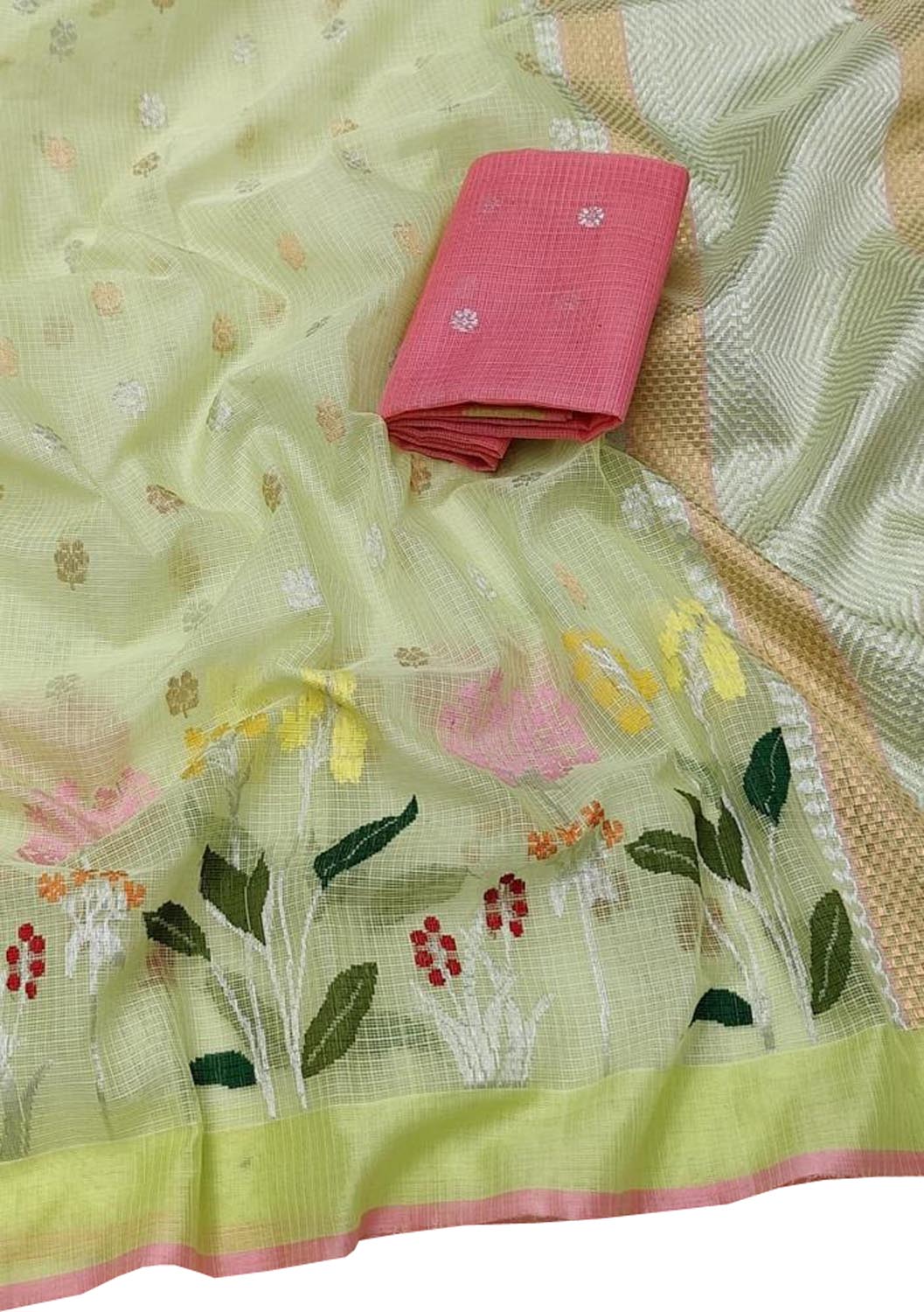 Stunning Green Kota Doria Saree with Real Zari Handloom Weaving - Luxurion World