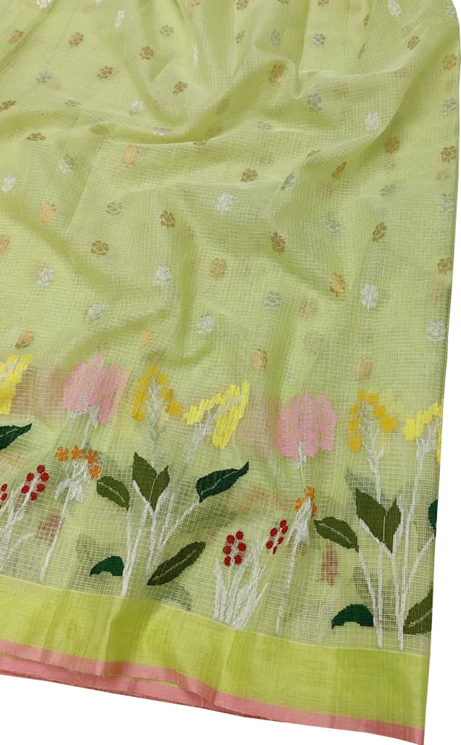 Stunning Green Kota Doria Saree with Real Zari Handloom Weaving - Luxurion World
