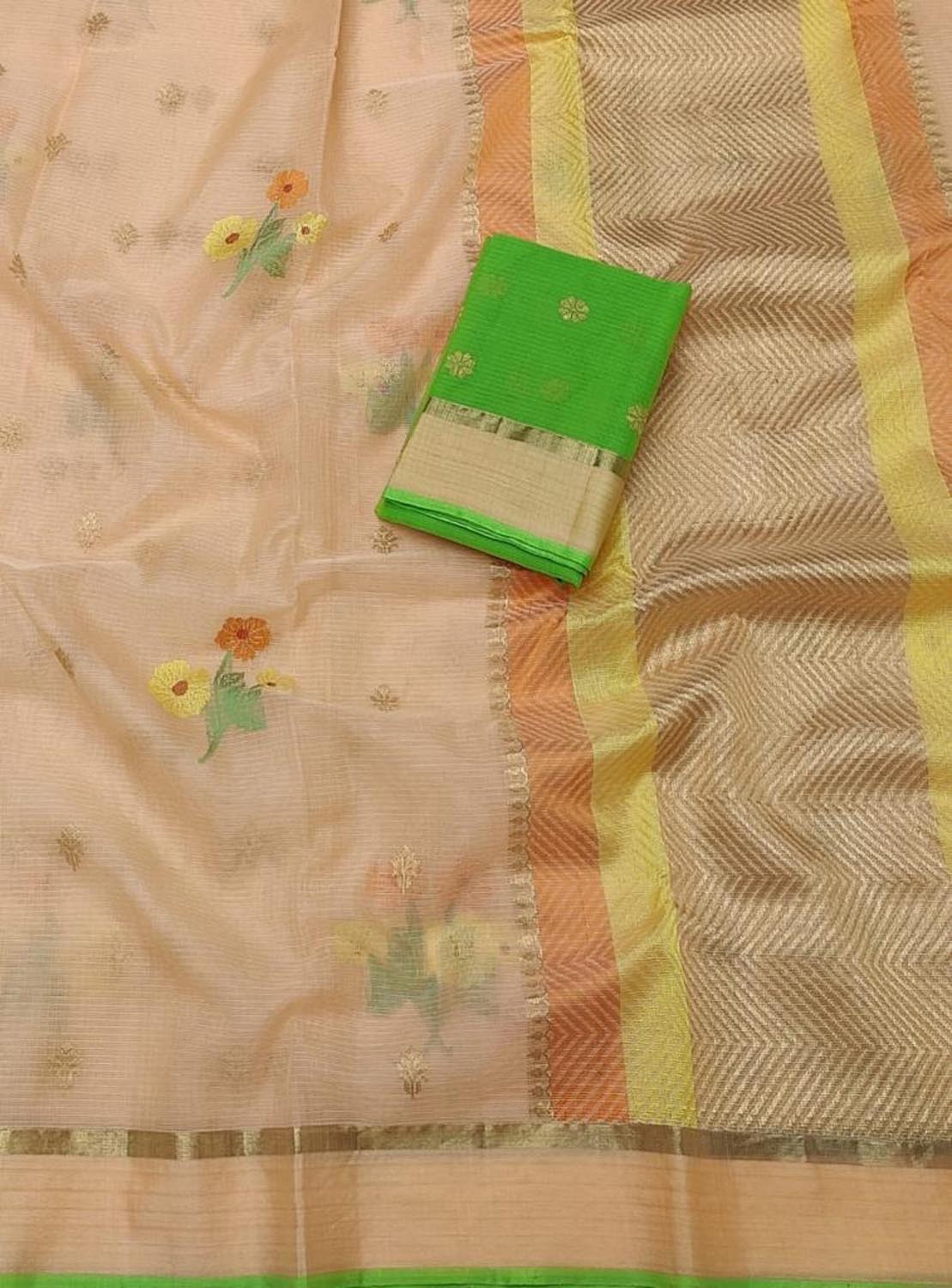 Stunning Orange Kota Doria Saree with Handloom Weave and Real Zari Embellishments - Luxurion World