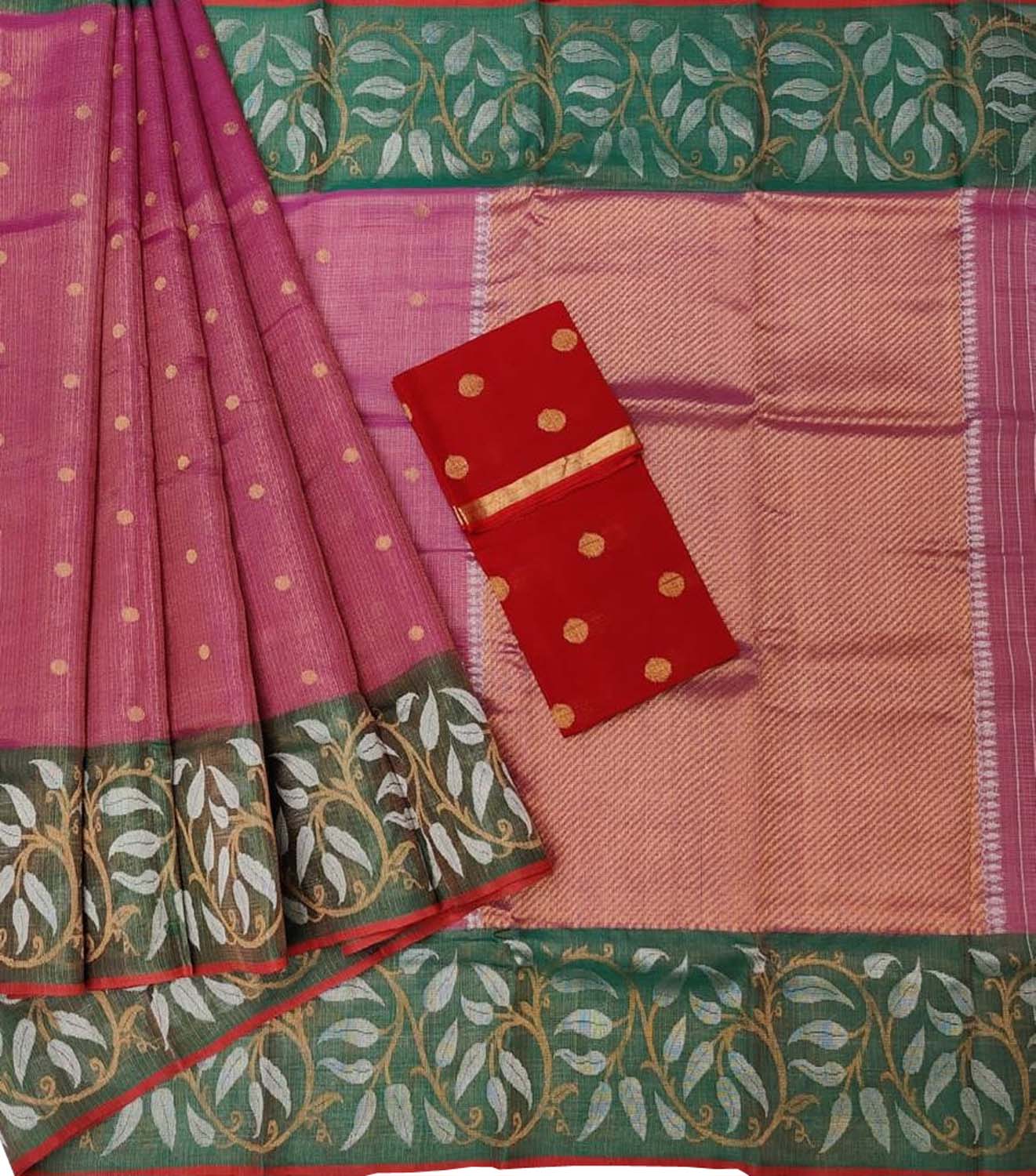 Stunning Pink and Red Kota Doria Silk Saree with Real Zari Weaving - Luxurion World
