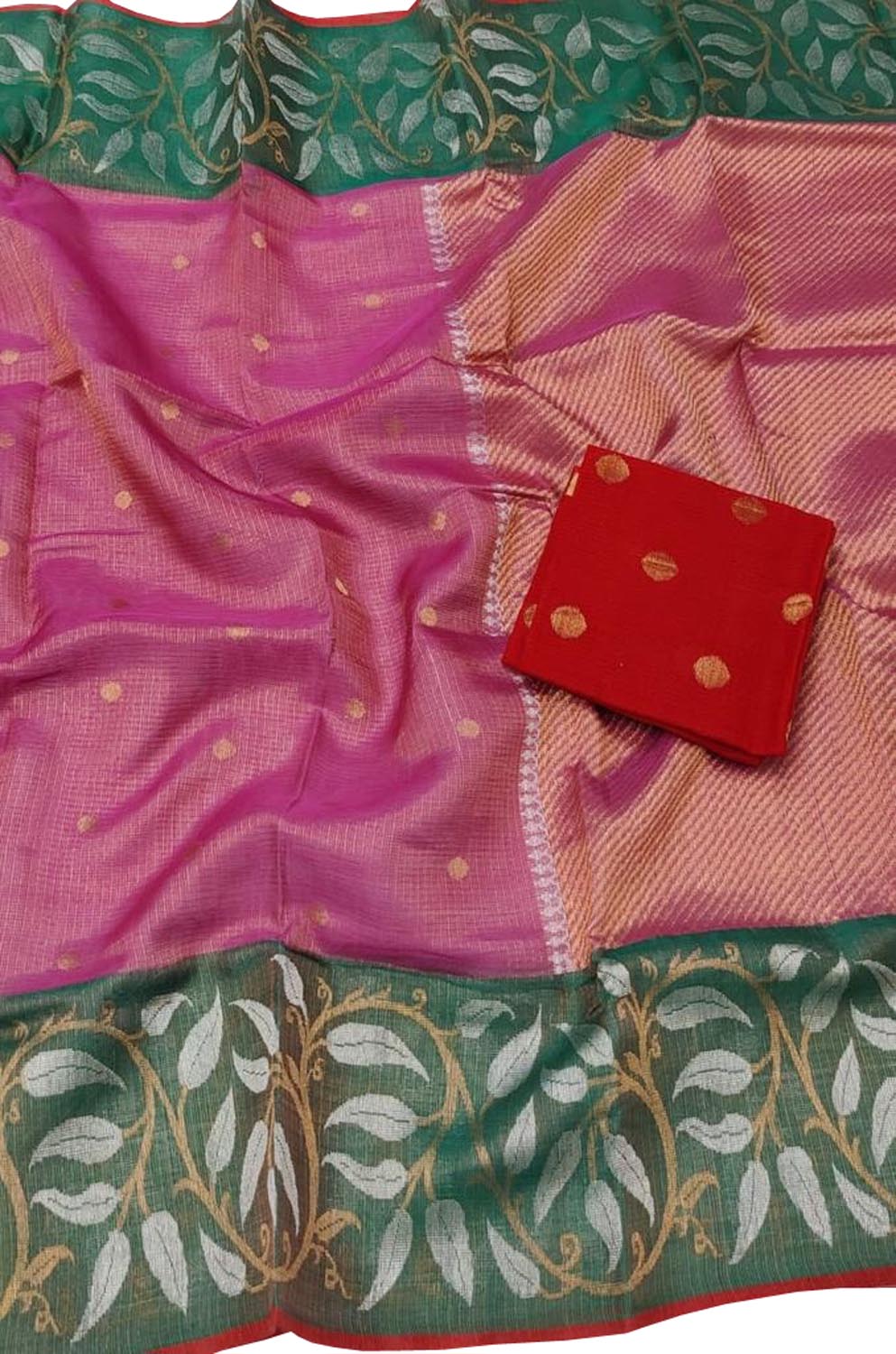 Stunning Pink and Red Kota Doria Silk Saree with Real Zari Weaving - Luxurion World