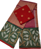 Stunning Pink and Red Kota Doria Silk Saree with Real Zari Weaving - Luxurion World
