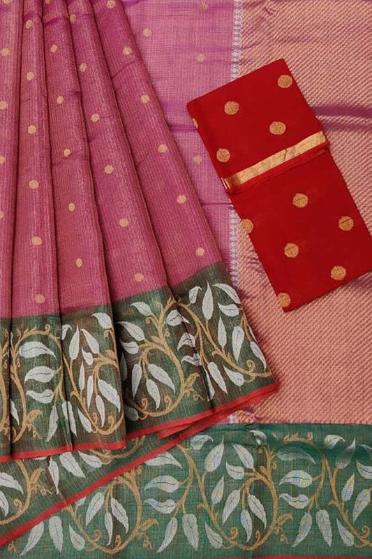 Stunning Pink and Red Kota Doria Silk Saree with Real Zari Weaving - Luxurion World