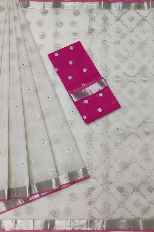 Stunning Off White Handloom Kota Doria Saree with Real Zari Embellishments - Luxurion World