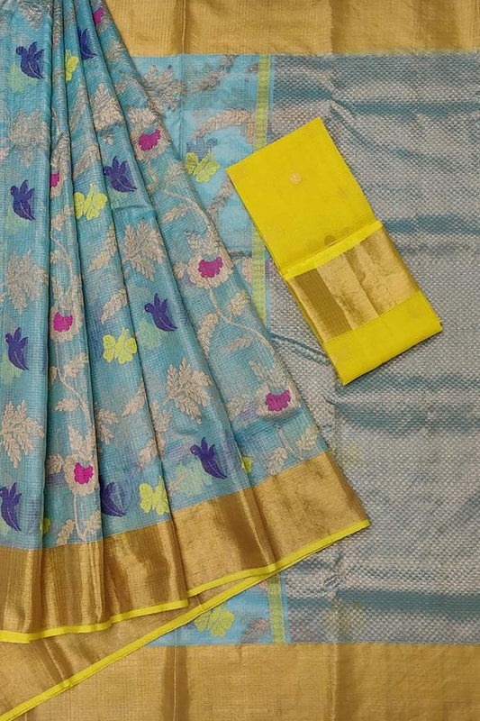 Stunning Blue Kota Doria Tissue Silk Saree with Real Zari Embellishments - Luxurion World