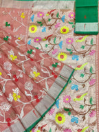 Peach And Pink Shot Kota Doria Handloom Real Zari Saree - Luxurion World