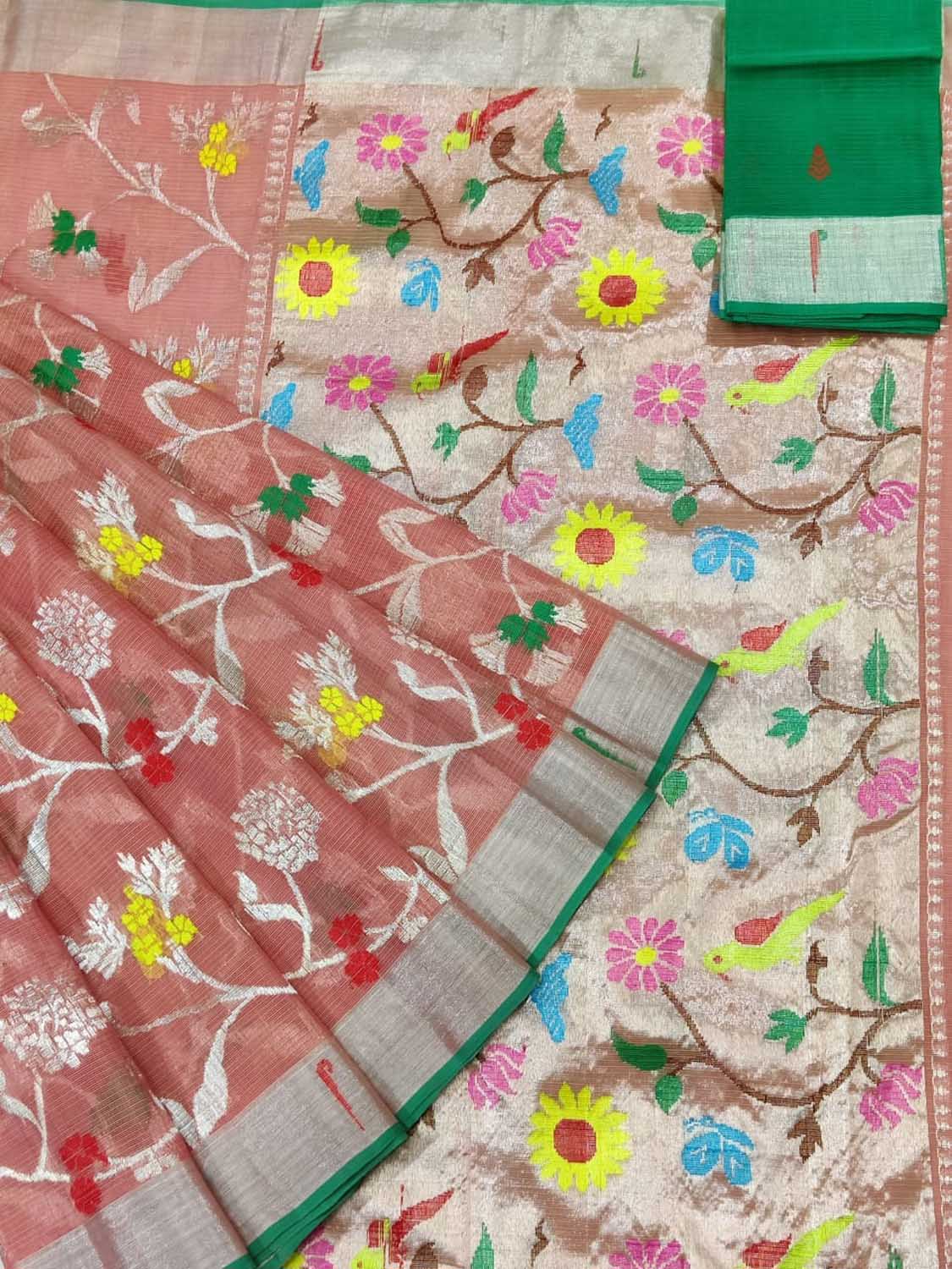 Peach And Pink Shot Kota Doria Handloom Real Zari Saree - Luxurion World