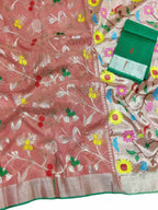 Peach And Pink Shot Kota Doria Handloom Real Zari Saree - Luxurion World