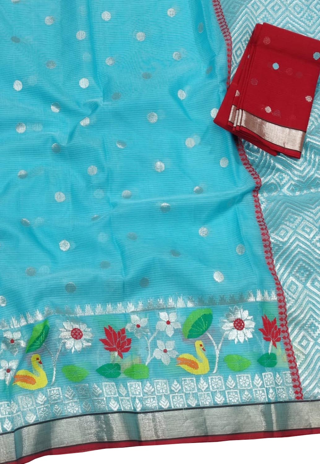 Blue And Red Kota Doria Handloom Real Zari Saree - Luxurion World