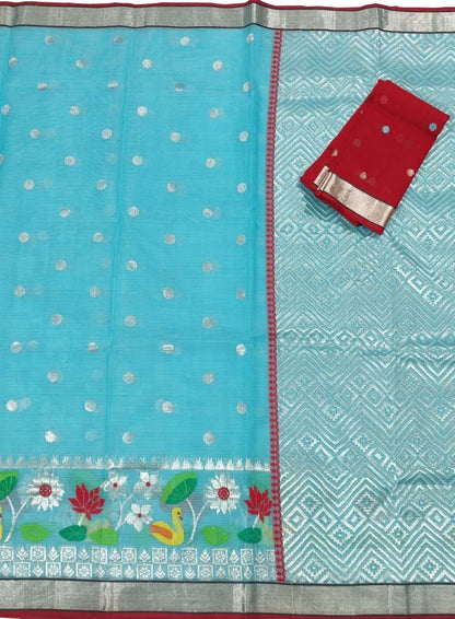 Blue And Red Kota Doria Handloom Real Zari Saree - Luxurion World