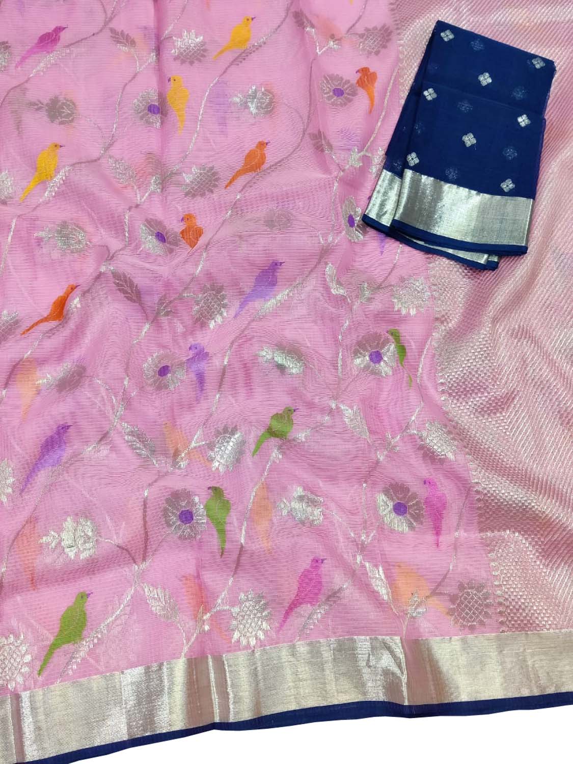 Pink And Blue Kota Doria Handloom Real Zari Saree - Luxurion World