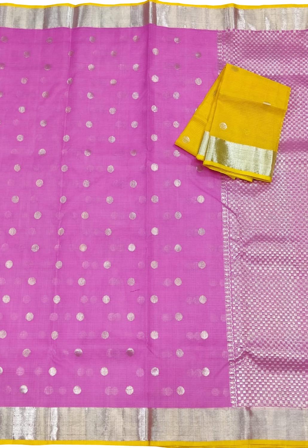 Pink And Yellow Kota Doria Handloom Real Zari Saree - Luxurion World