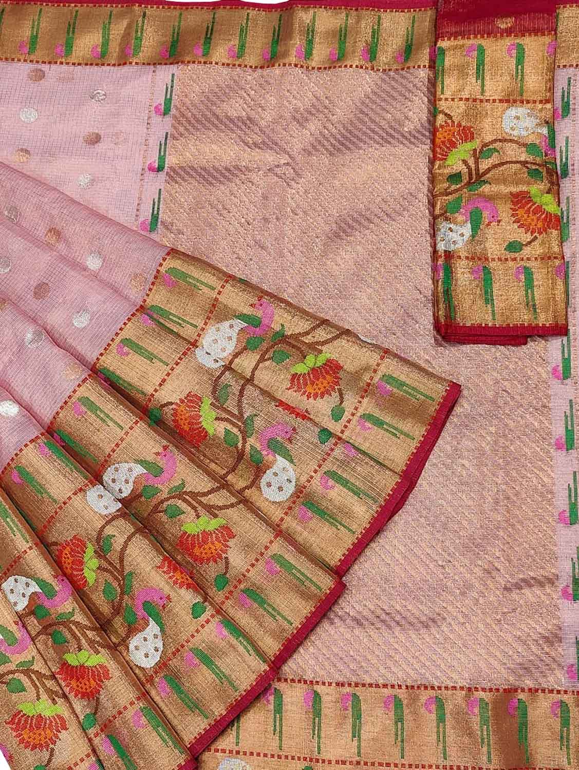 Pink And Red Kota Doria Handloom Real Zari Tissue Saree - Luxurion World