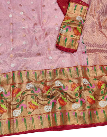 Pink And Red Kota Doria Handloom Real Zari Tissue Saree - Luxurion World