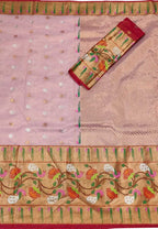 Pink And Red Kota Doria Handloom Real Zari Tissue Saree - Luxurion World