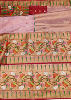 Pink And Red Kota Doria Handloom Real Zari Tissue Saree - Luxurion World