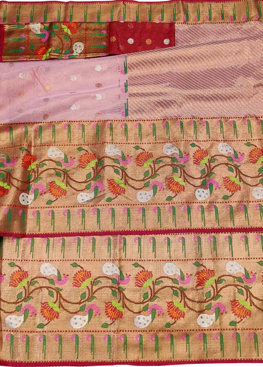 Pink And Red Kota Doria Handloom Real Zari Tissue Saree - Luxurion World
