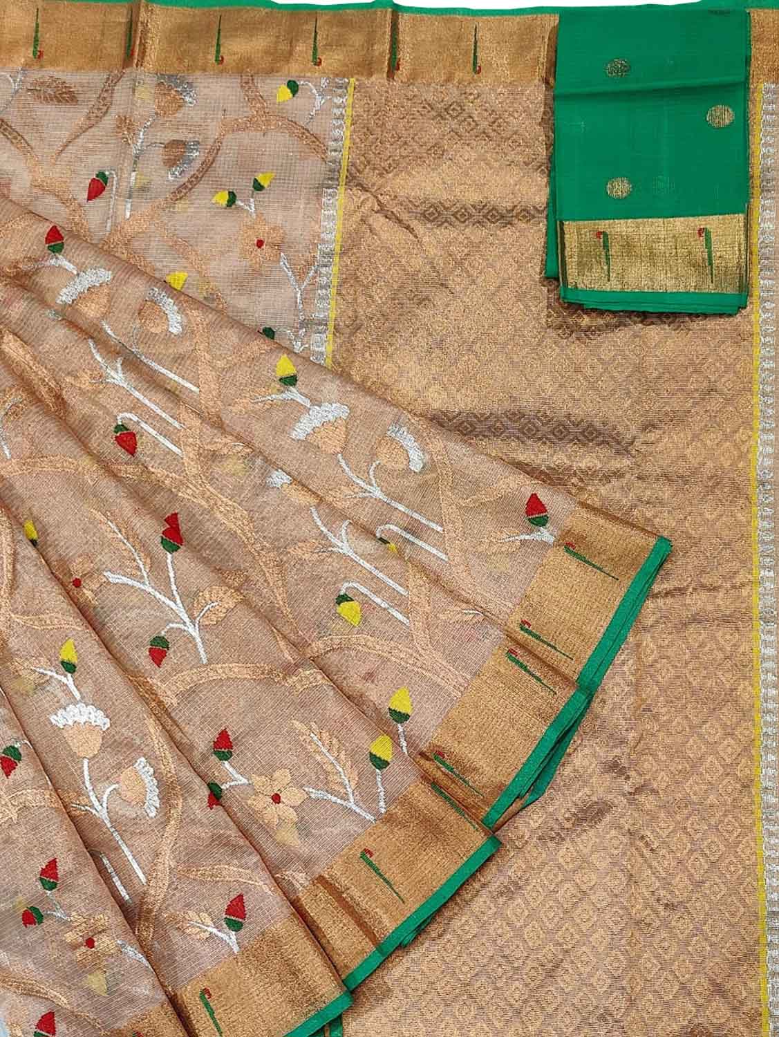 Pastel And Green Kota Doria Handloom Real Zari Tissue Saree - Luxurion World