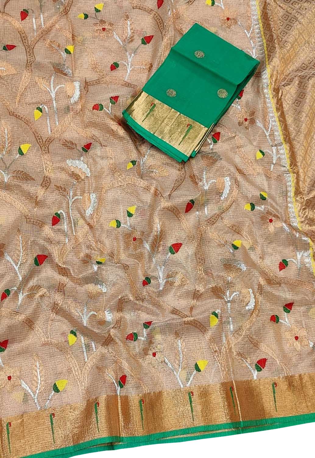 Pastel And Green Kota Doria Handloom Real Zari Tissue Saree - Luxurion World