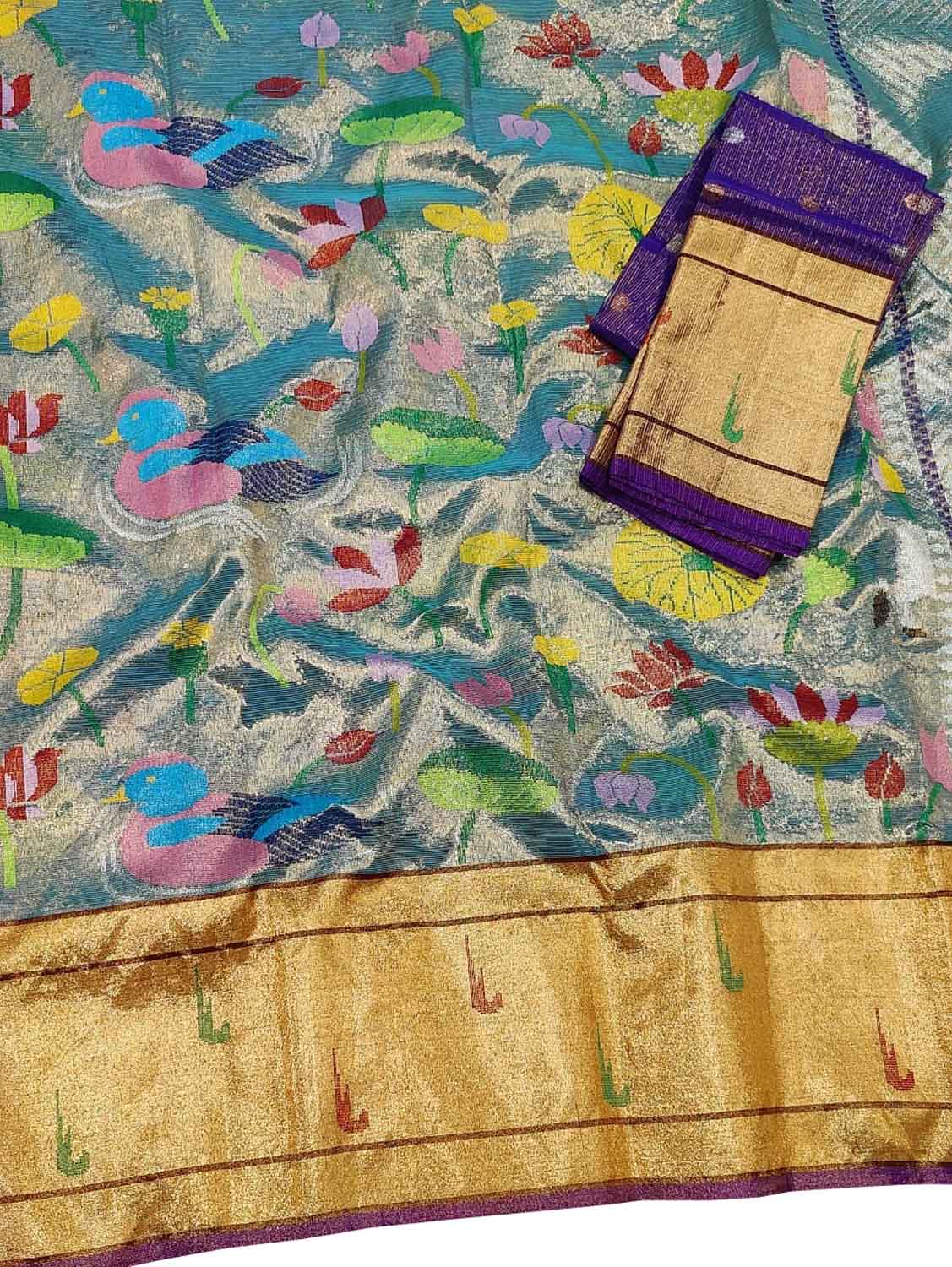 Blue Kota Doria Handloom Real Zari Double Tissue Saree - Luxurion World