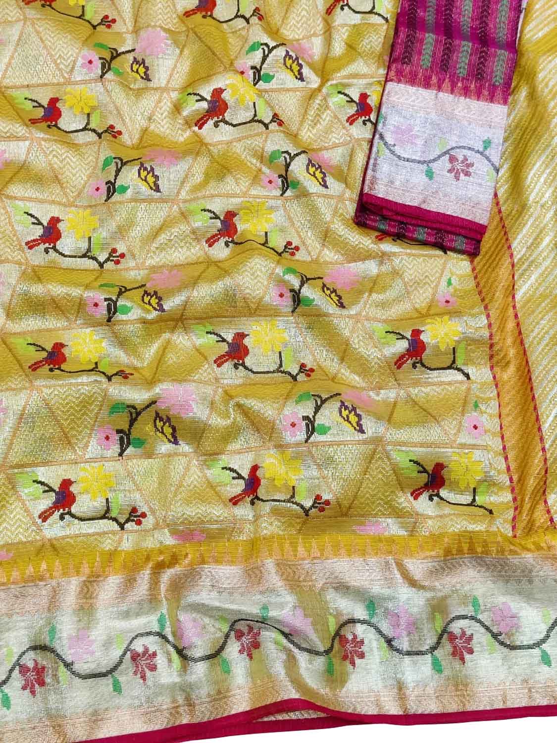 Yellow And Red Kota Doria Handloom Real Zari Saree - Luxurion World