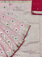 Pink And Red Kota Doria Handloom Real Zari Saree - Luxurion World