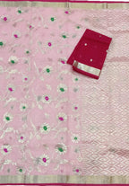 Pink And Red Kota Doria Handloom Real Zari Saree - Luxurion World