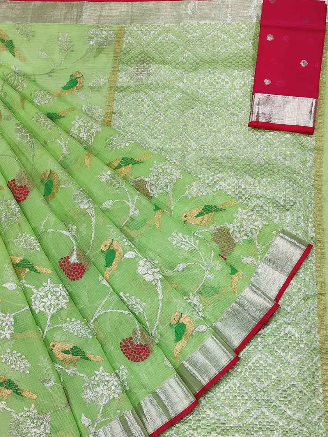 Green And Red Kota Doria Handloom Real Zari Saree - Luxurion World