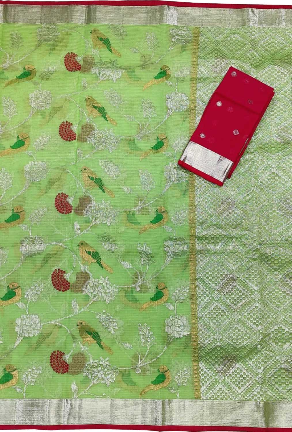 Green And Red Kota Doria Handloom Real Zari Saree - Luxurion World