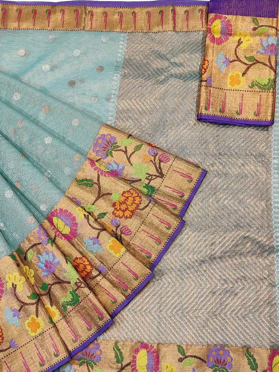 Blue Kota Doria Handloom Real Zari Saree - Luxurion World
