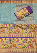 Blue Kota Doria Handloom Real Zari Saree - Luxurion World