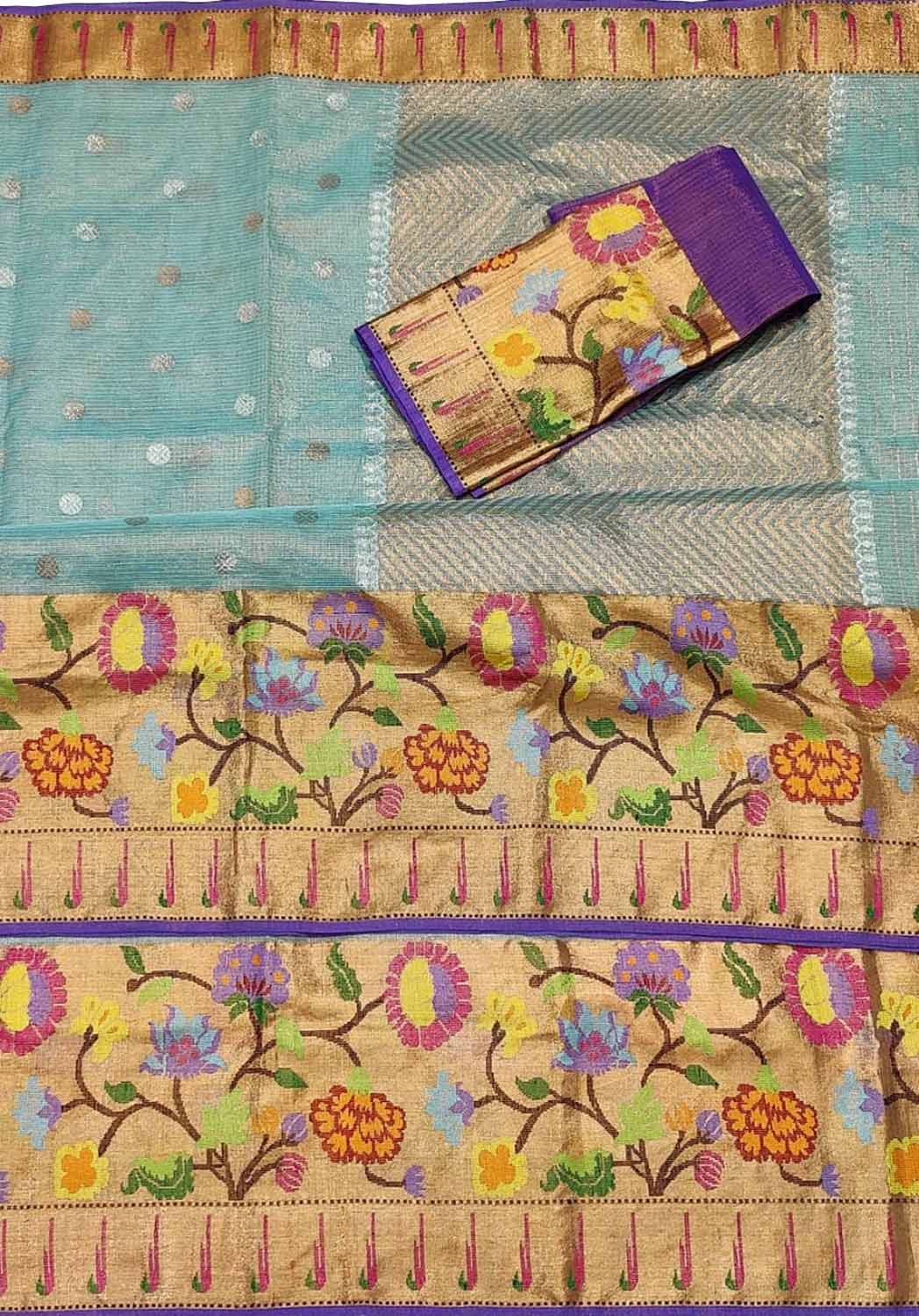 Blue Kota Doria Handloom Real Zari Saree - Luxurion World