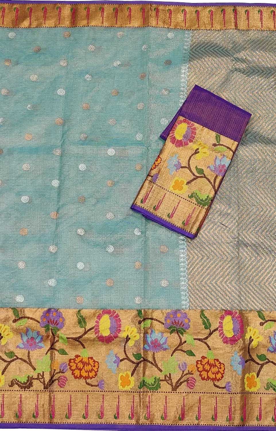 Blue Kota Doria Handloom Real Zari Saree - Luxurion World