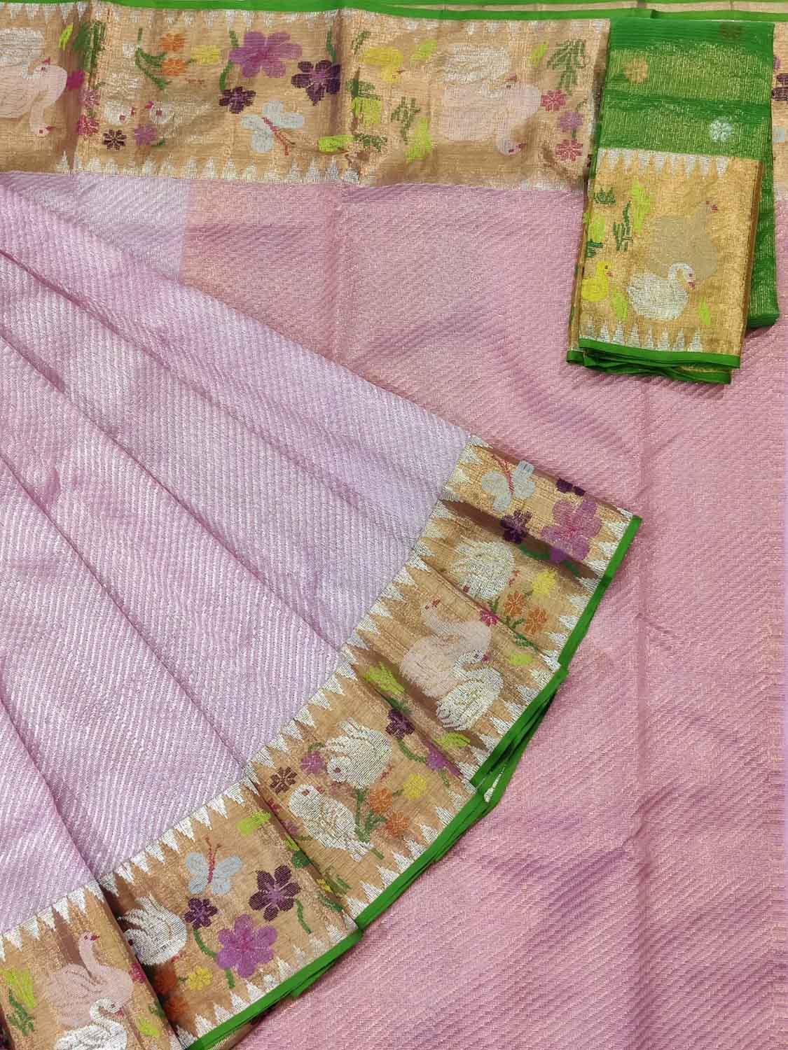 Pink Kota Doria Handloom Real Zari Saree - Luxurion World