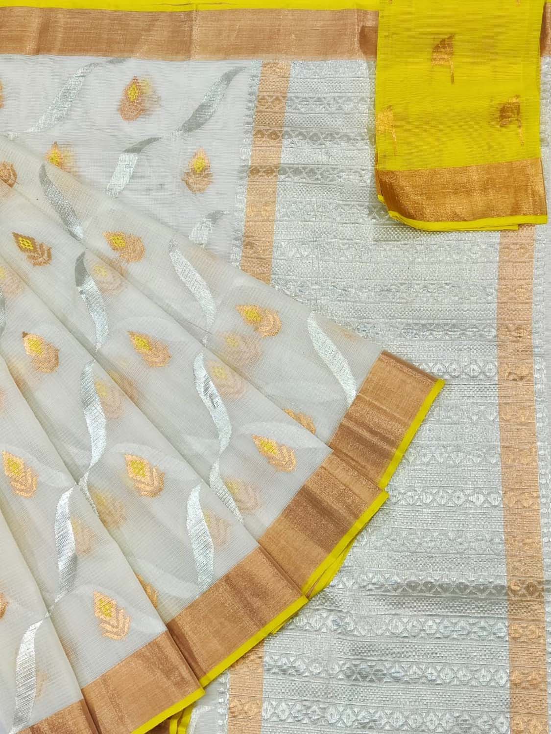 Off White And Yellow Kota Doria Handloom Real Zari Saree - Luxurion World
