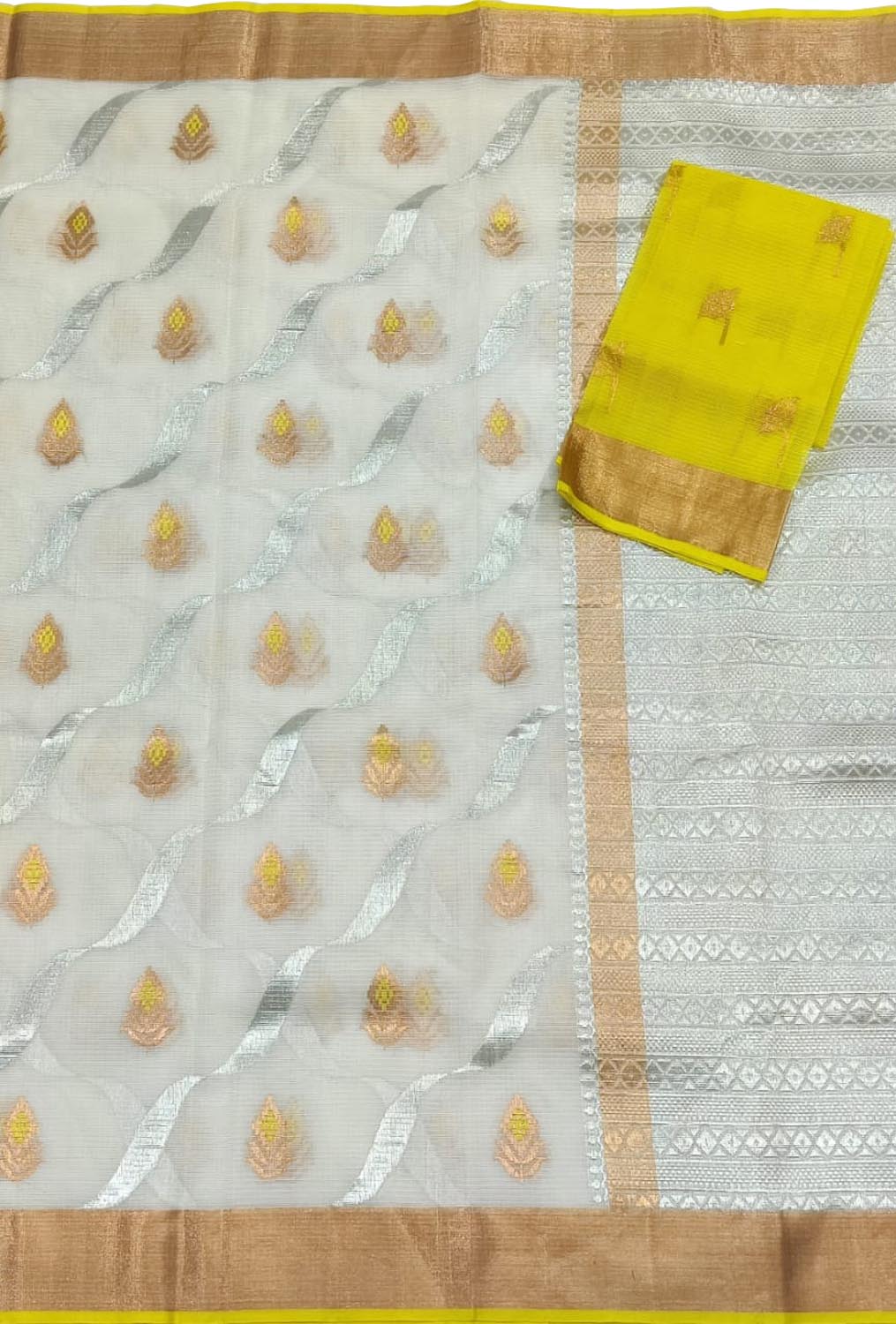 Off White And Yellow Kota Doria Handloom Real Zari Saree - Luxurion World