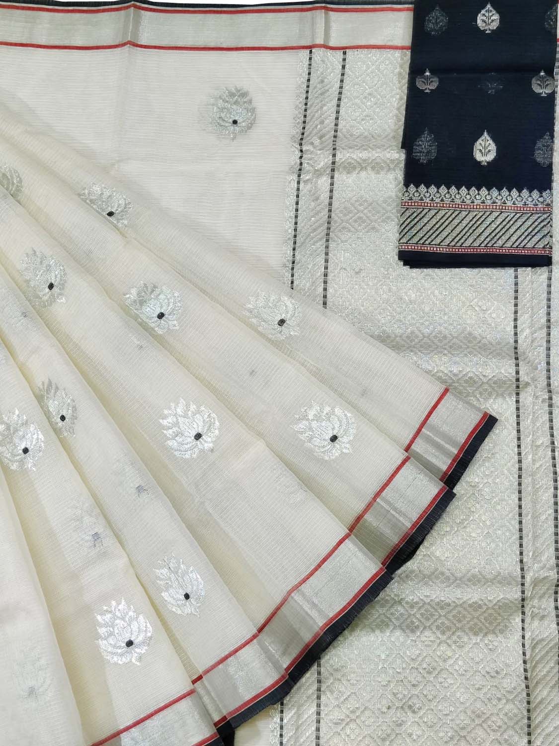 Off White And Black Kota Doria Handloom Real Zari Saree - Luxurion World