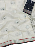 Off White And Black Kota Doria Handloom Real Zari Saree - Luxurion World