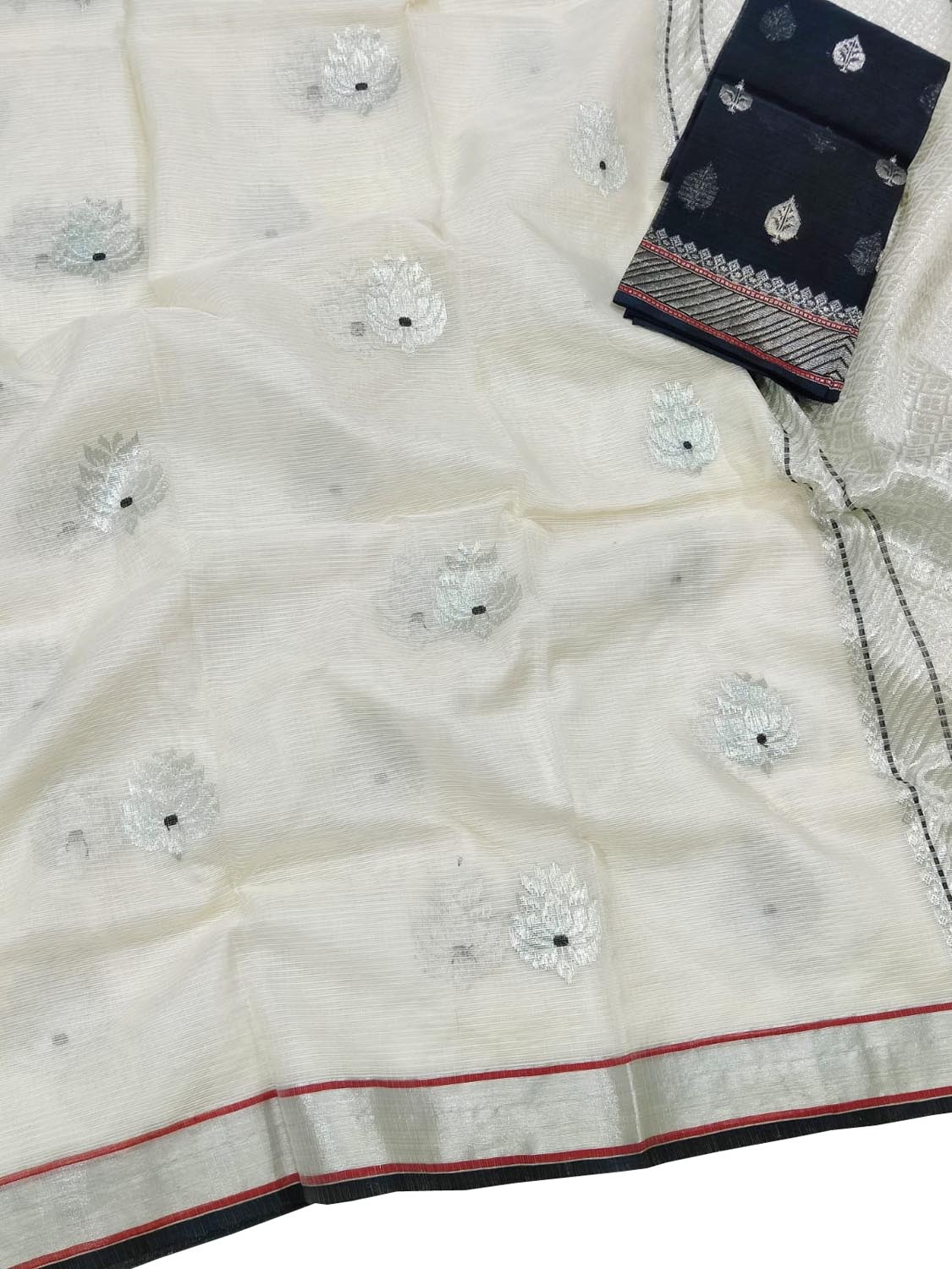 Off White And Black Kota Doria Handloom Real Zari Saree - Luxurion World