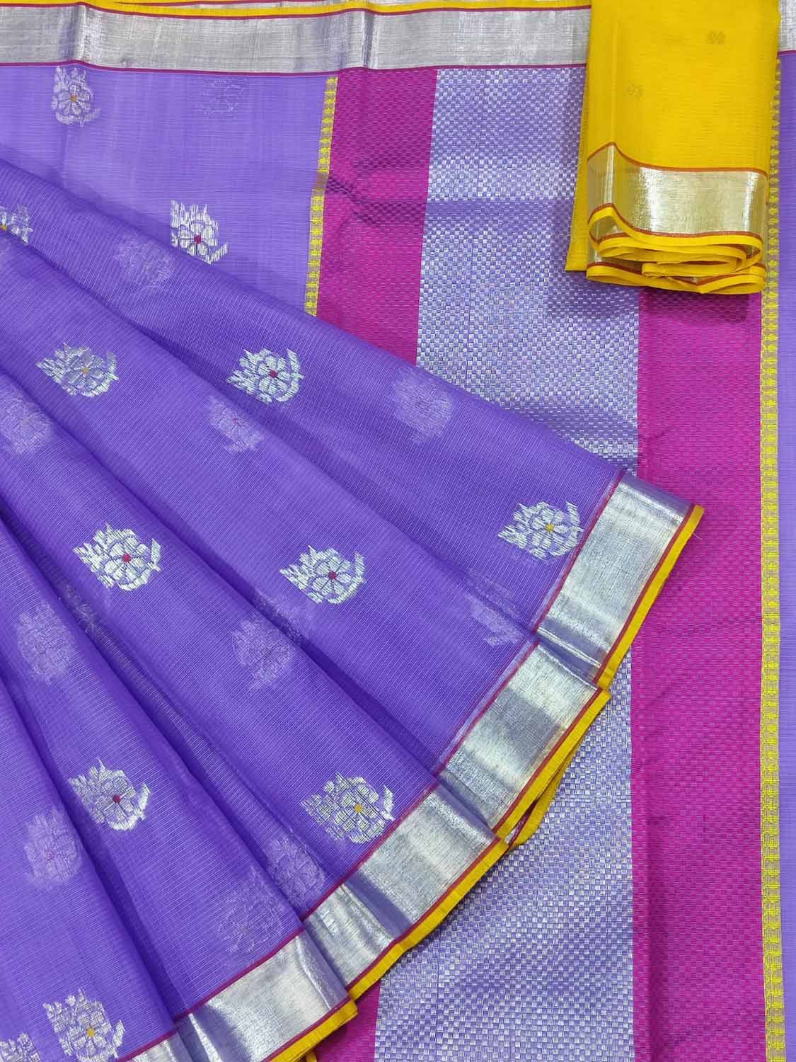 Purple And Yellow Kota Doria Handloom Real Zari Saree - Luxurion World