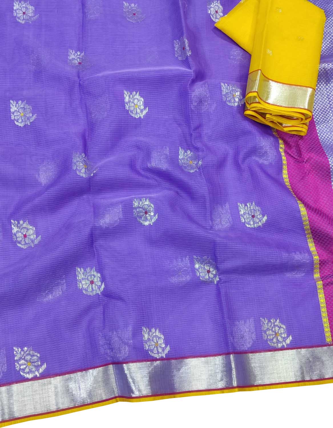 Purple And Yellow Kota Doria Handloom Real Zari Saree - Luxurion World