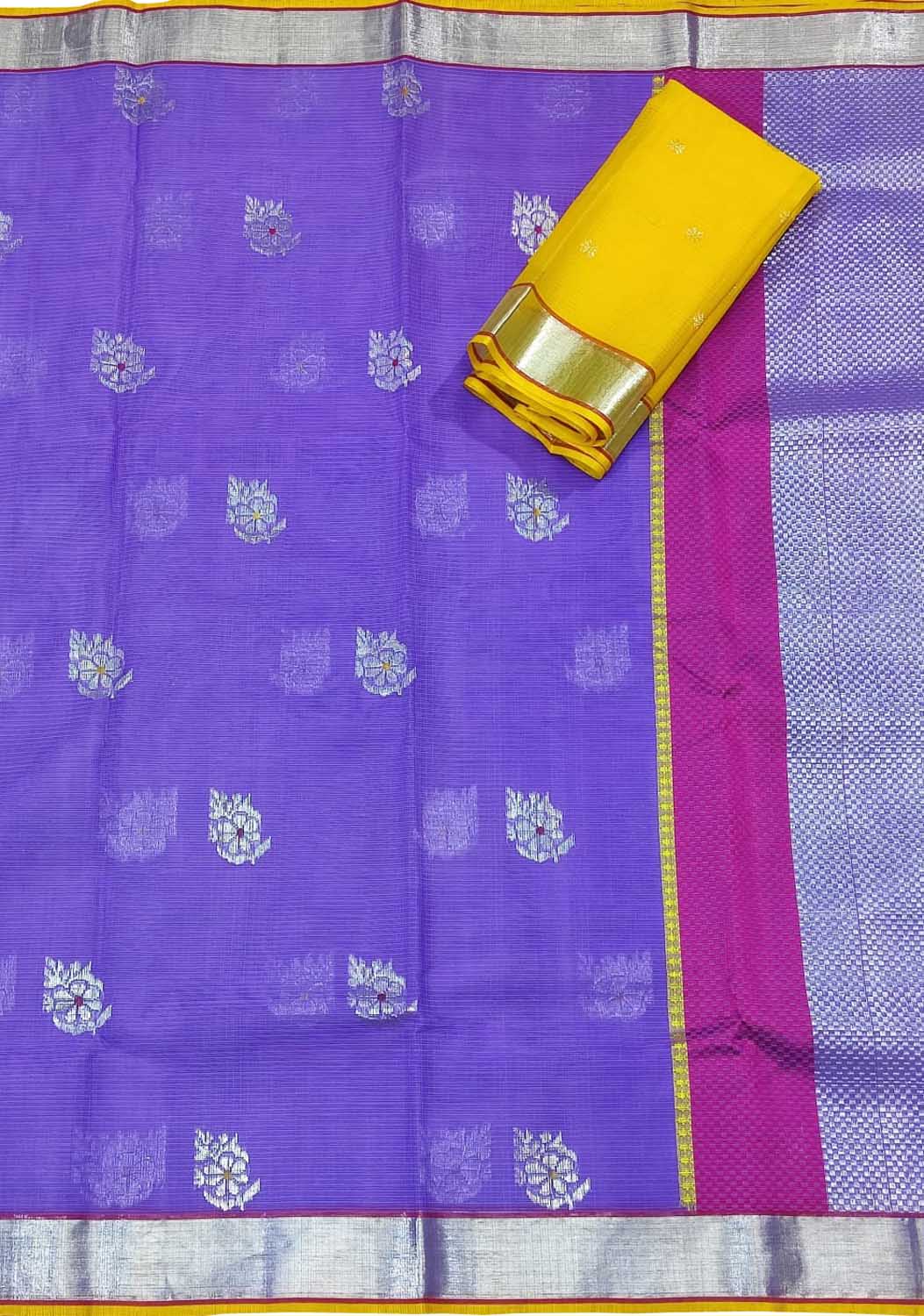 Purple And Yellow Kota Doria Handloom Real Zari Saree - Luxurion World