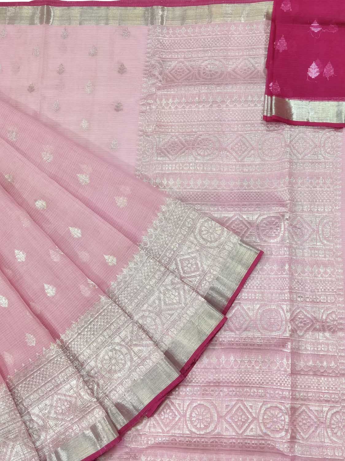Pink And Red Kota Doria Handloom Real Zari Saree - Luxurion World