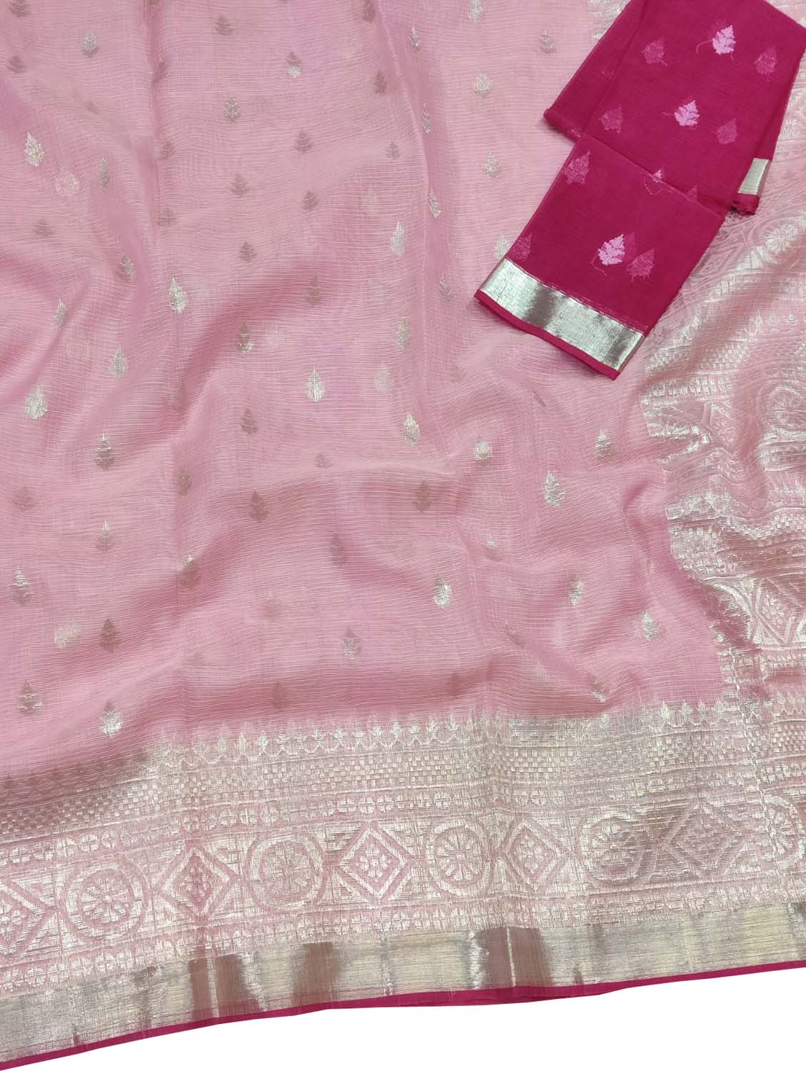 Pink And Red Kota Doria Handloom Real Zari Saree - Luxurion World