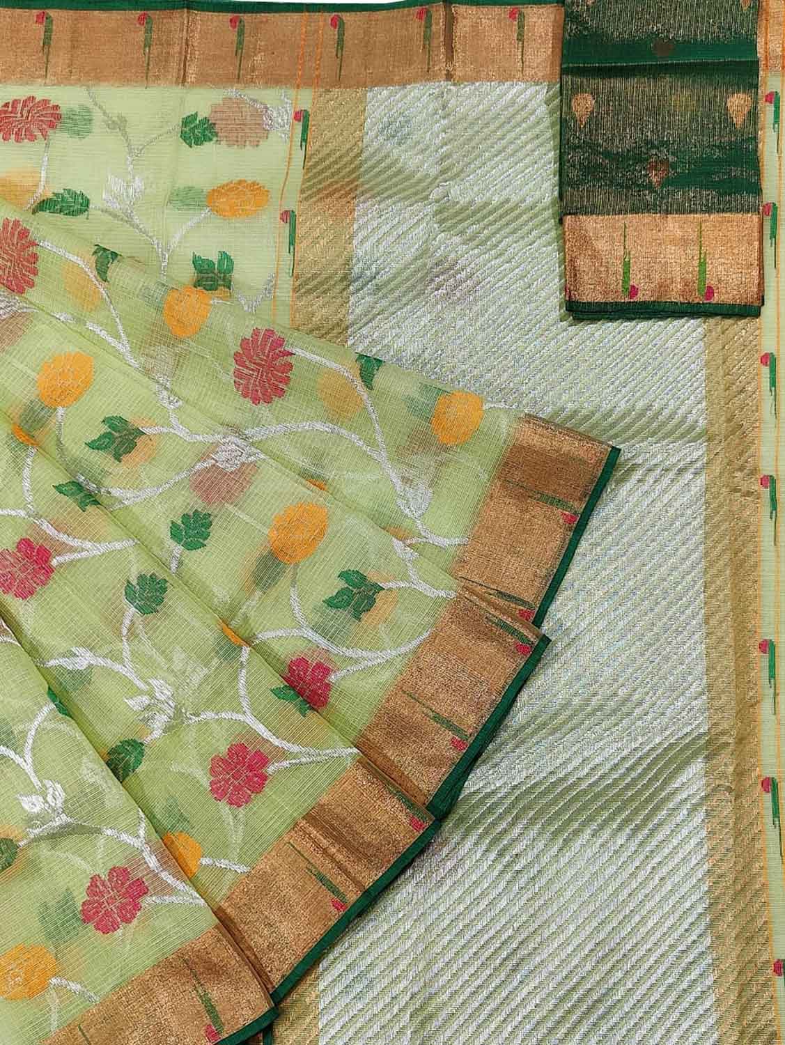 Green Kota Doria Handloom Real Zari Saree - Luxurion World