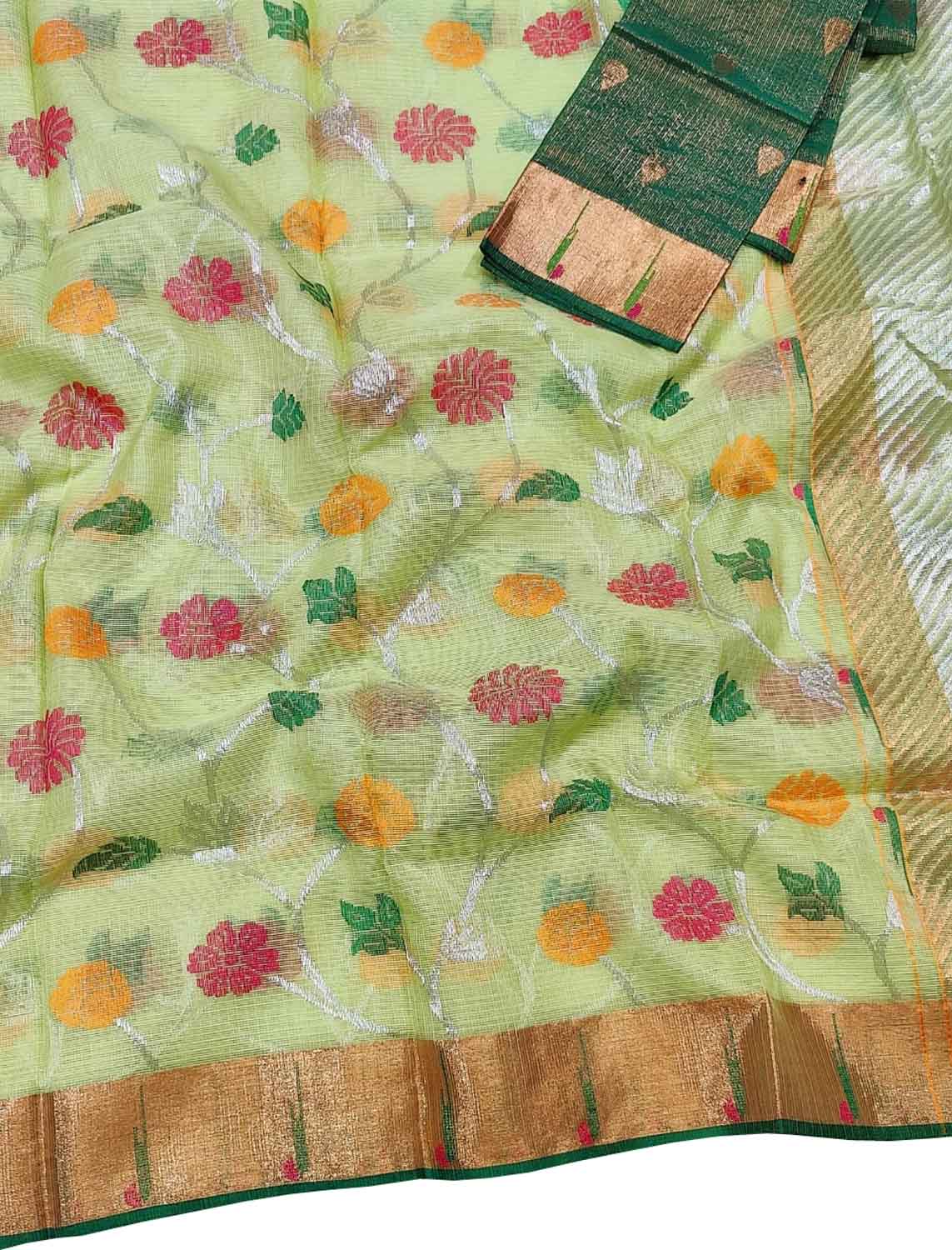 Green Kota Doria Handloom Real Zari Saree - Luxurion World