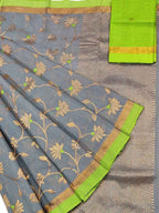 Grey And Green Kota Doria Handloom Real Zari Saree - Luxurion World