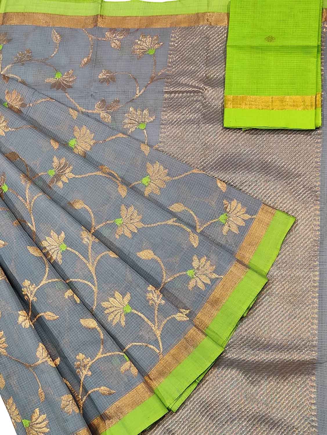 Grey And Green Kota Doria Handloom Real Zari Saree - Luxurion World