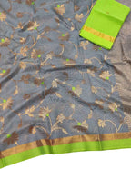 Grey And Green Kota Doria Handloom Real Zari Saree - Luxurion World