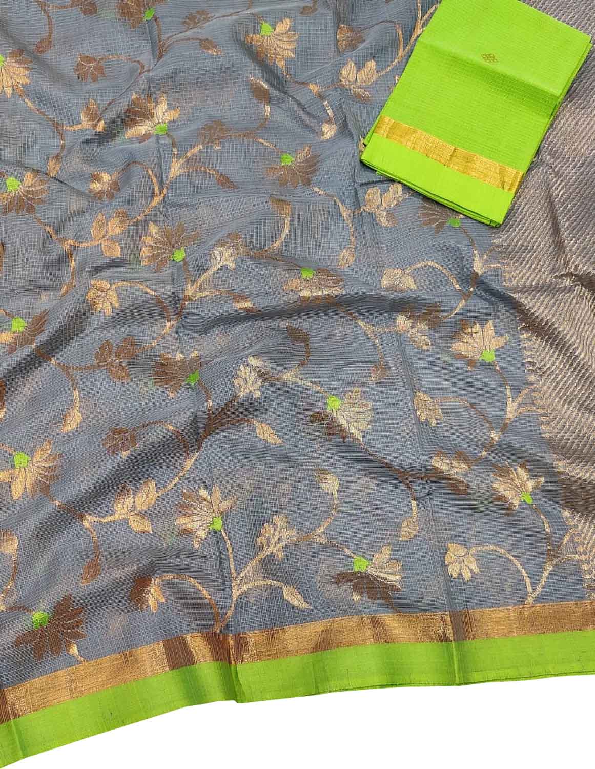 Grey And Green Kota Doria Handloom Real Zari Saree - Luxurion World